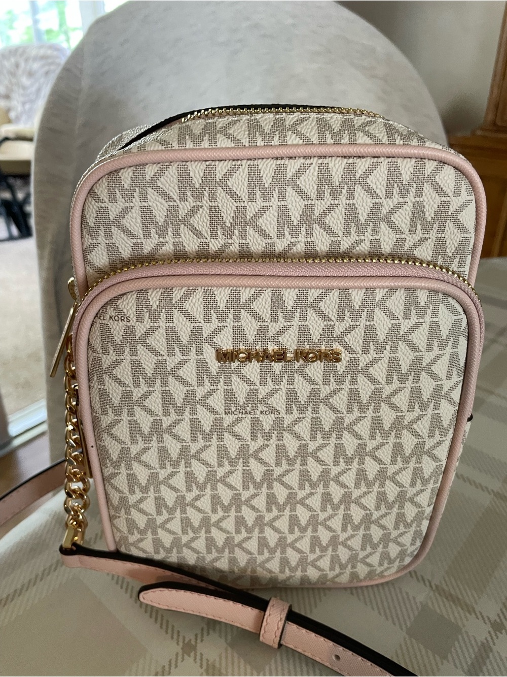Michael Kors Beige Logo Crossbody with Pink Trim and Gold Hardware